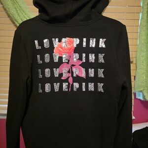 PINK Victoria's Secret Black Hoodie with Pink and Silver Accents